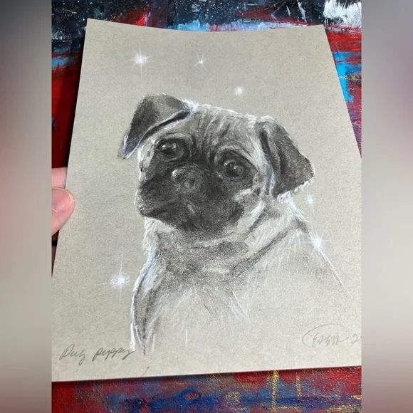Pug puppy dog original painting charcoal pastel art new artwork black Artettina - Picture 4 of 9